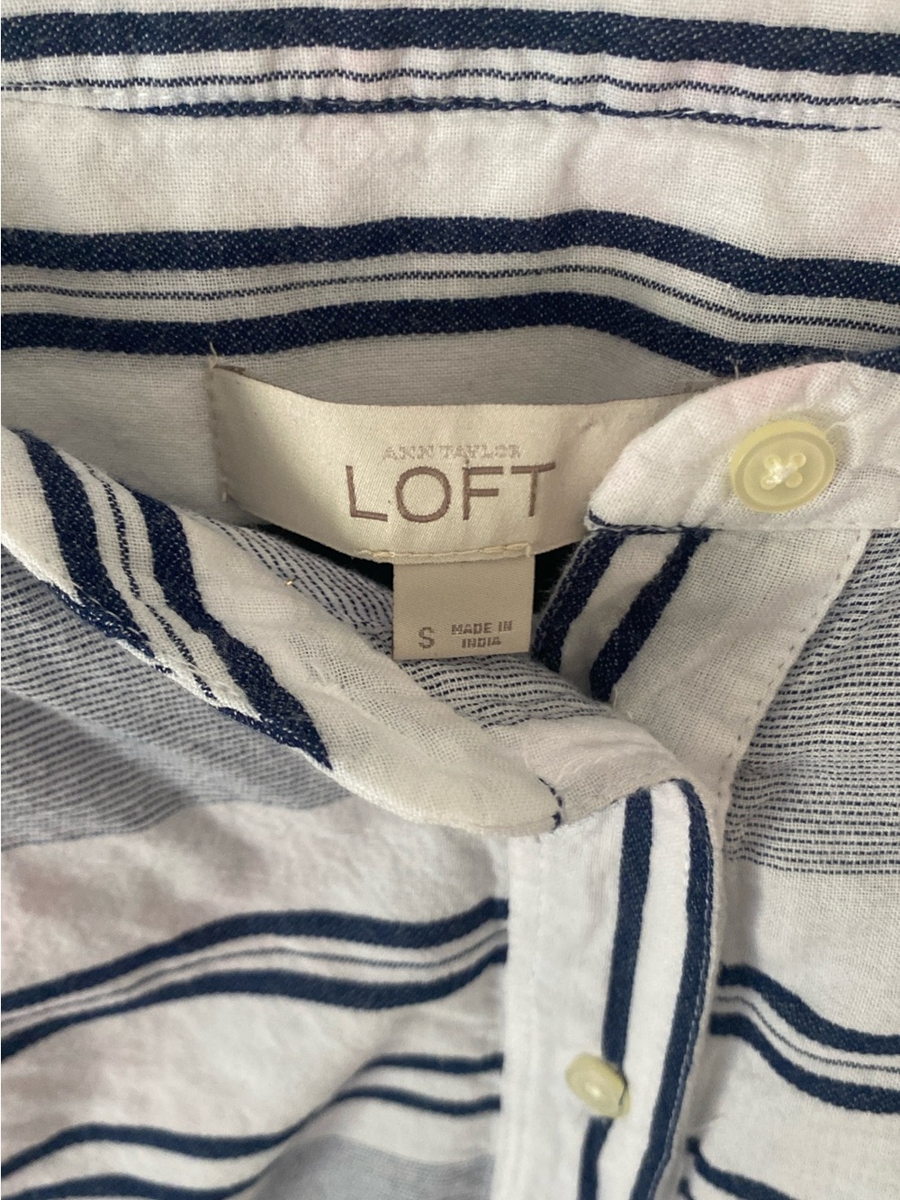 LOFT White and Navy Striped Button-Front Shirt 100% Cotton - Picture 2 of 4